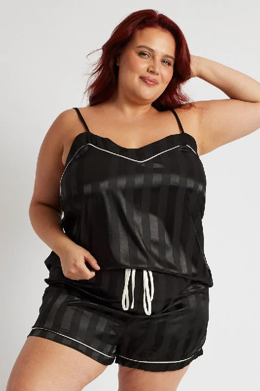 Black Stripe Cami Pyjama Set Contrast Piping Satin Pj Set