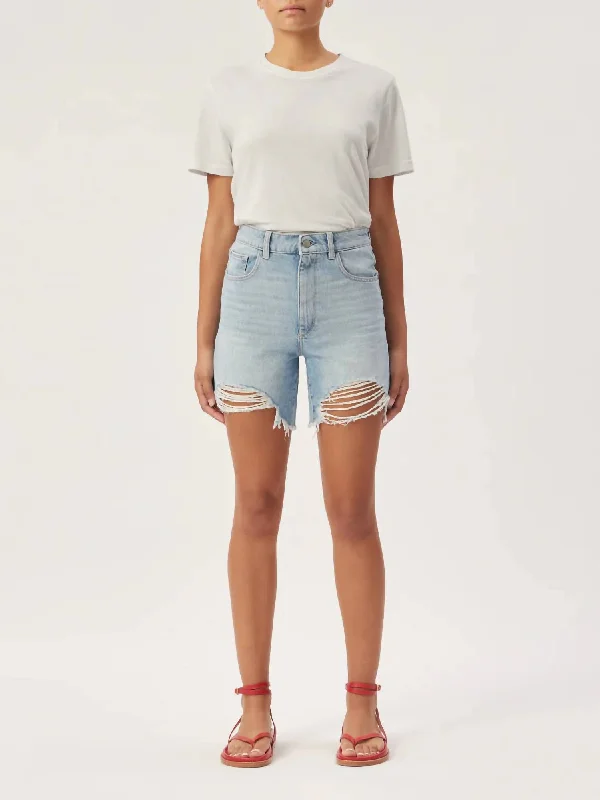 Emilie Ripped High Waist Fray Hem Denim Shorts In Fountain