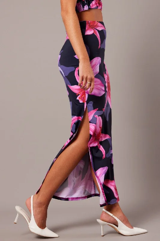 Pink Floral Maxi Skirt Tube Side Split Skirt