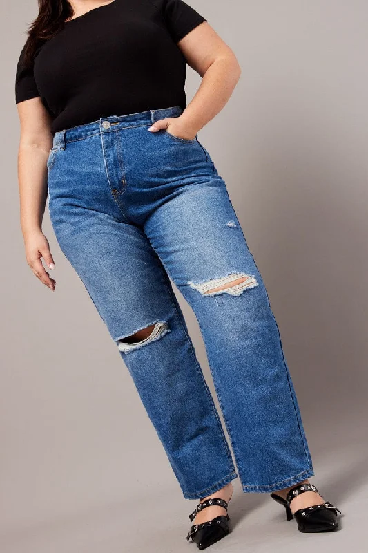 Denim Baggy Jeans High Rise Knee Distress