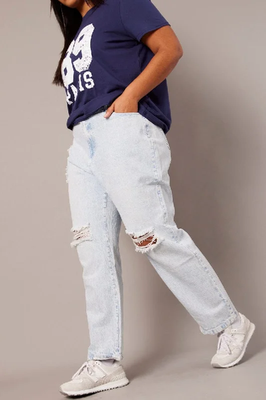 Denim Mom Jeans Mid Rise Distressed