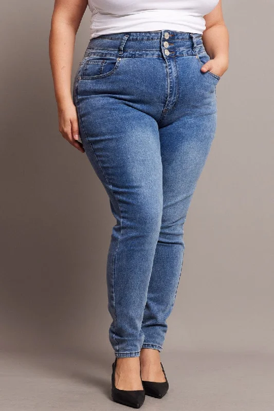 Denim Skinny Jeans High Rise Button Front