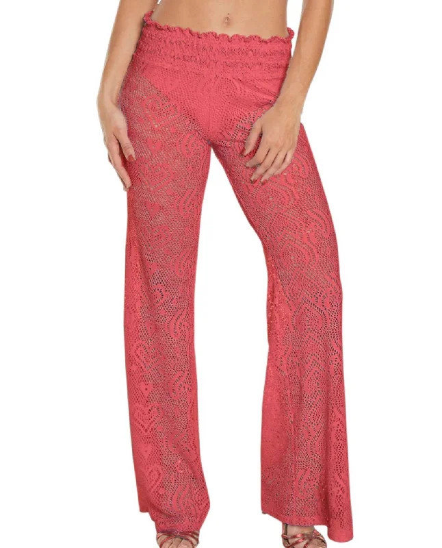 Heart Crochet Smocked Beach Pants In Coral