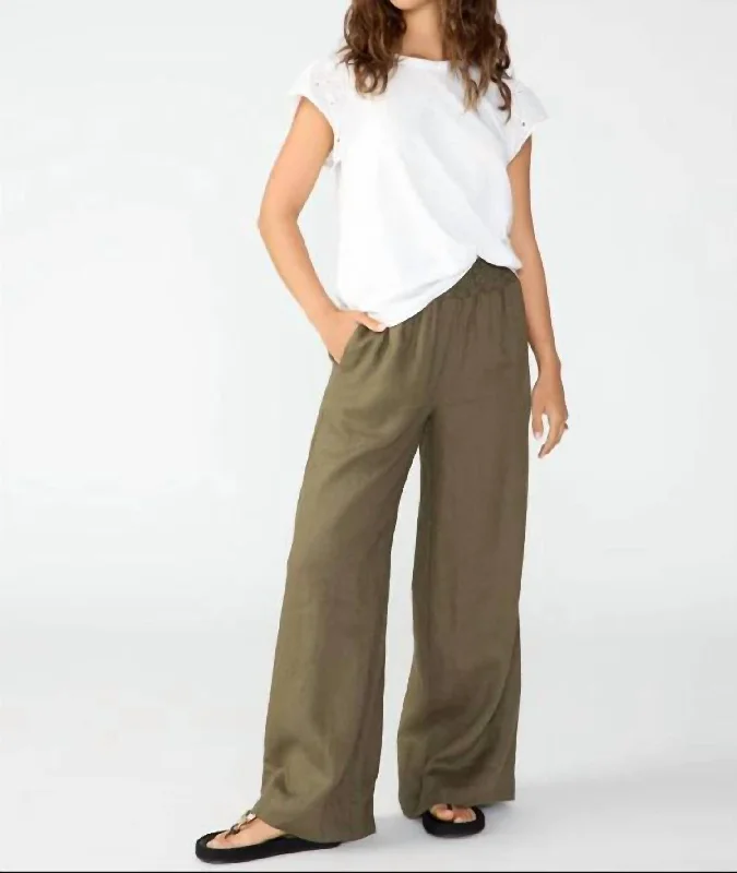 Smocked Wide Leg Linen Pants In Mossy Green