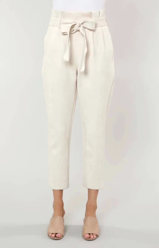 Uptown Suede Paper Bag Pants In Cream Suede