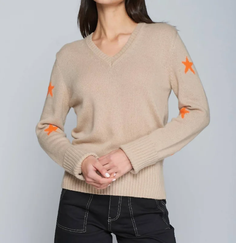 Star Sweater Intarsia Oatmeal In Beige With Orange Stars