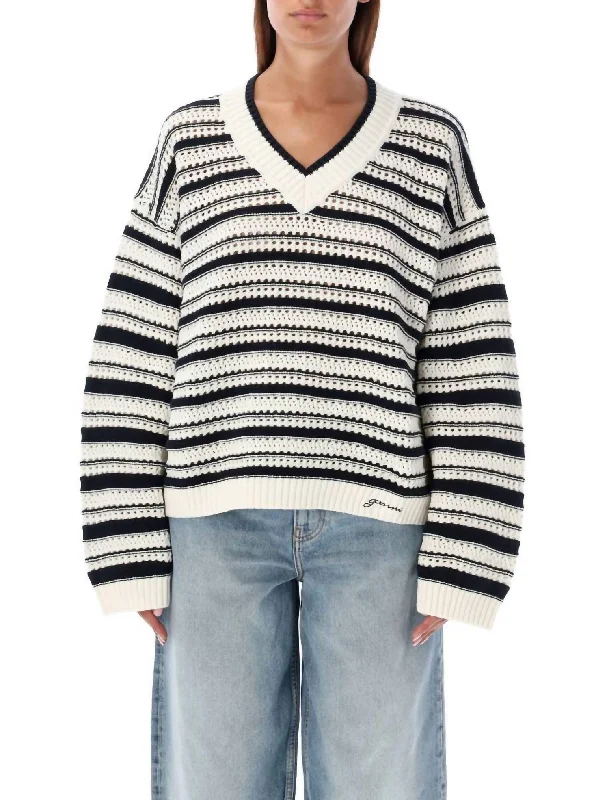 Striped Cotton V-Neck Pullover In Black