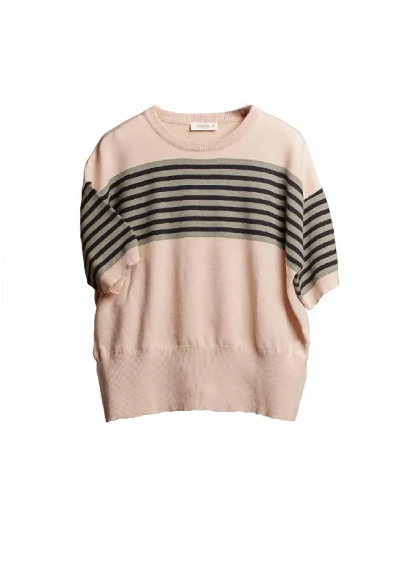 Women's Round Neck Multi Stripe Knit Top In Beige/green/black