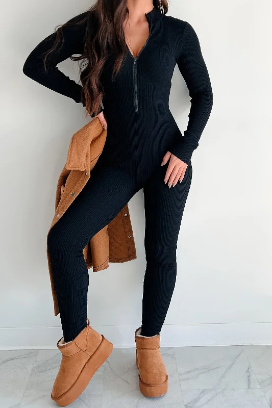 Lowkey And Loving It Zip Front Ribbed Jumpsuit (Black)