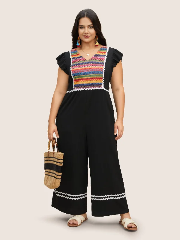 Contrast Webbing Ruffle Cap Sleeve Jumpsuit