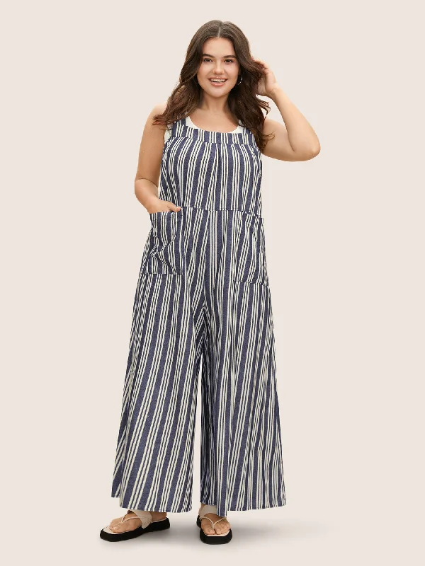 Cotton Striped Patched Pocket Loose Jumpsuit