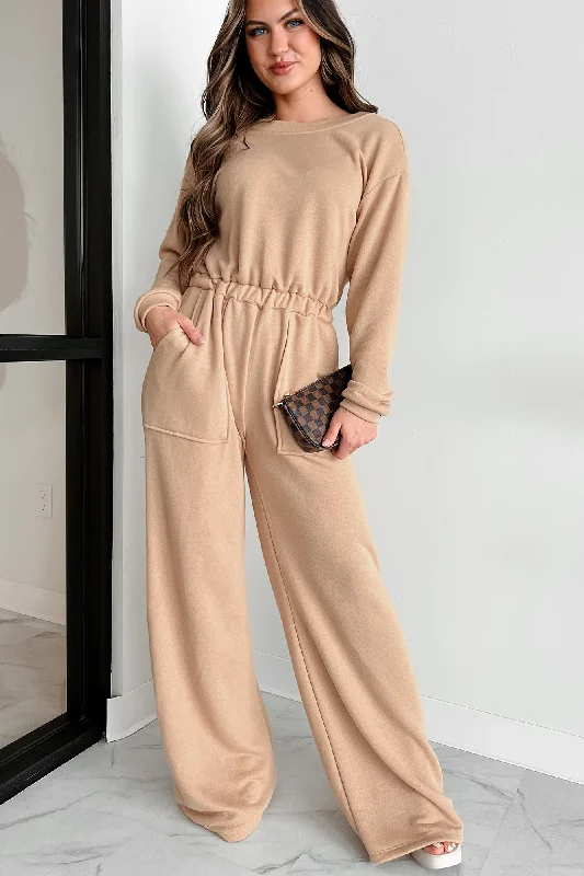 Cozy Refuge Long Sleeve Wide Leg Jumpsuit (Taupe)