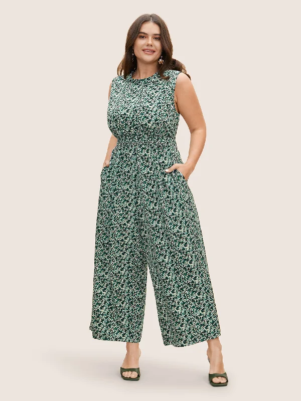 Ditsy Floral Mock Neck Shirred Jumpsuit