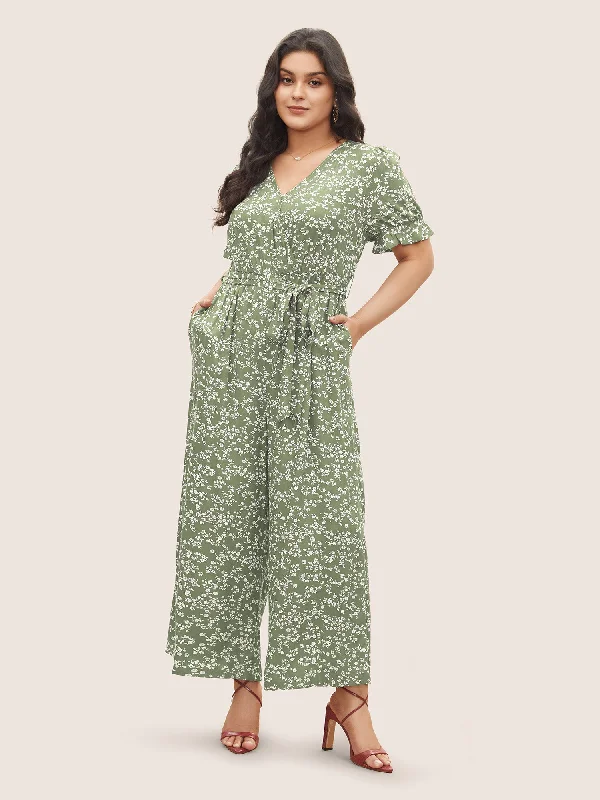 Ditsy Floral Wrap Belted Gathered Jumpsuit