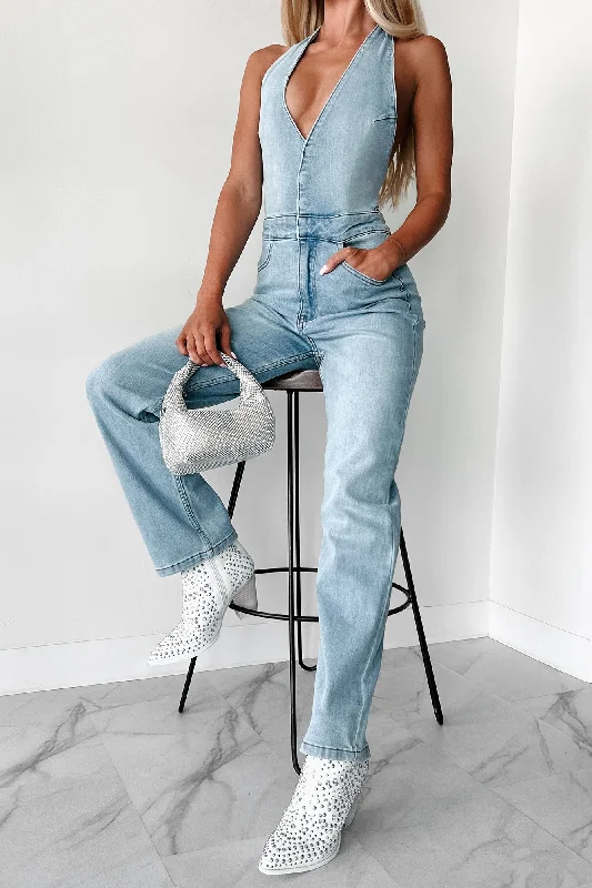 Eyes Over Here Halter Denim Jumpsuit (Blue)