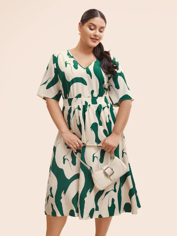 Geometric Print Shirred Gathered Dress