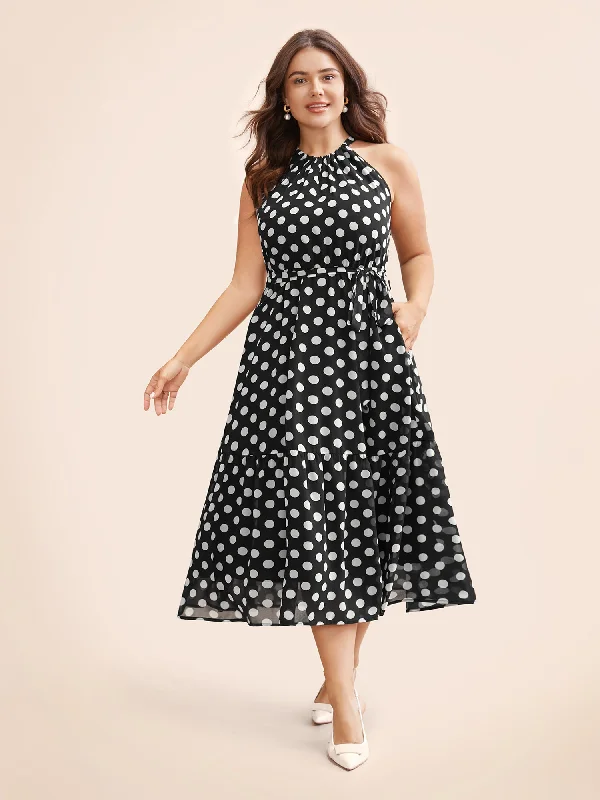 Halter Polka Dot Ruffle Hem Belted Dress