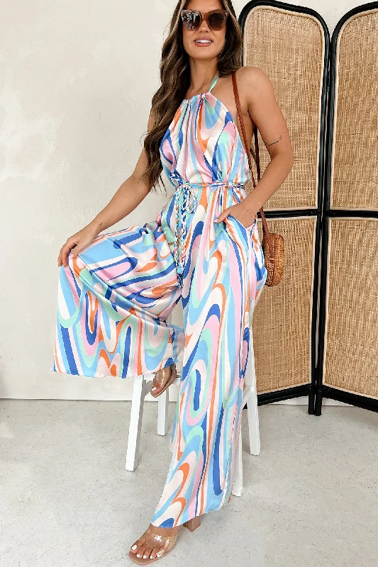 Living Vibrantly Braided Belt Halter Jumpsuit (Blue, Pink, Tangerine)