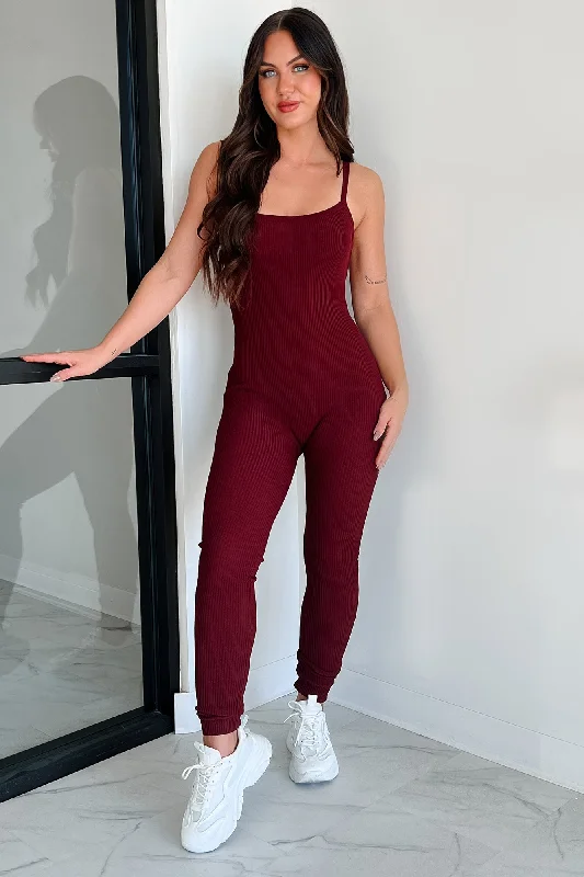 Making Things Right Rib Knit Backless Jumpsuit (Wine)