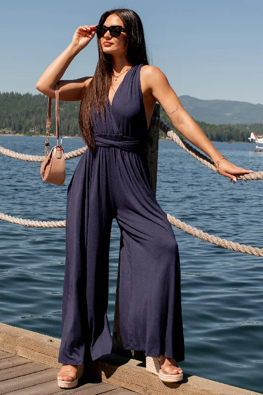 Meant To Be Modern Wrap-Tie Palazzo Jumpsuit (Dark Navy)