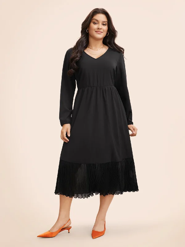 Mesh Patchwork Lantern Sleeve Pleated Dress