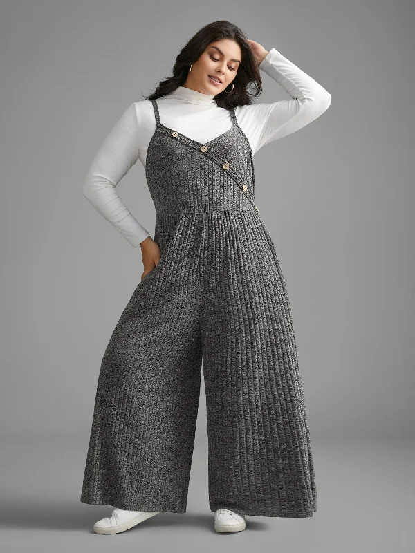 Plain Rib Knit Button Detail Jumpsuit