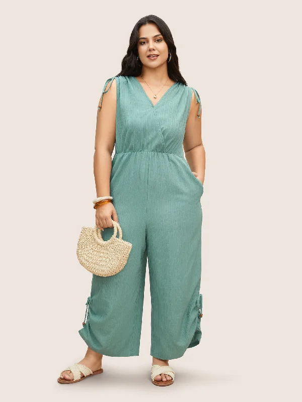 Plain Textured Surplice Neck Drawstring Jumpsuit