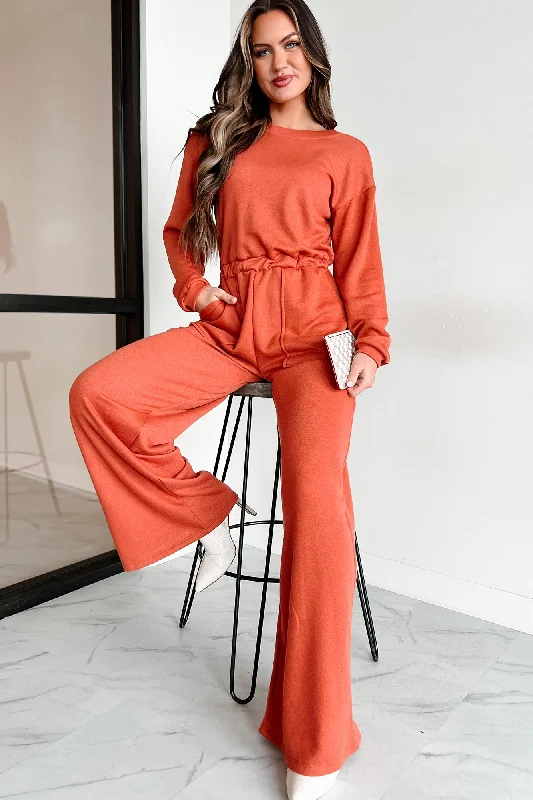 Plausible Deniability Long Sleeve Wide Leg Jumpsuit (Rust)