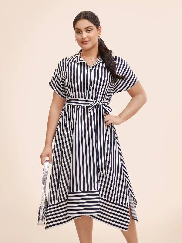 Shirt Collar Striped Hanky Hem Dress