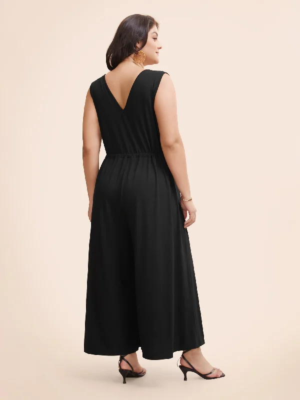 Solid Overlap Collar Drawstring Jumpsuit