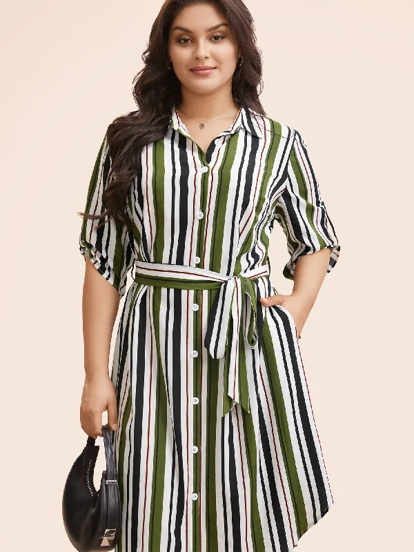 Striped Tab Sleeve Arc Hem Dress