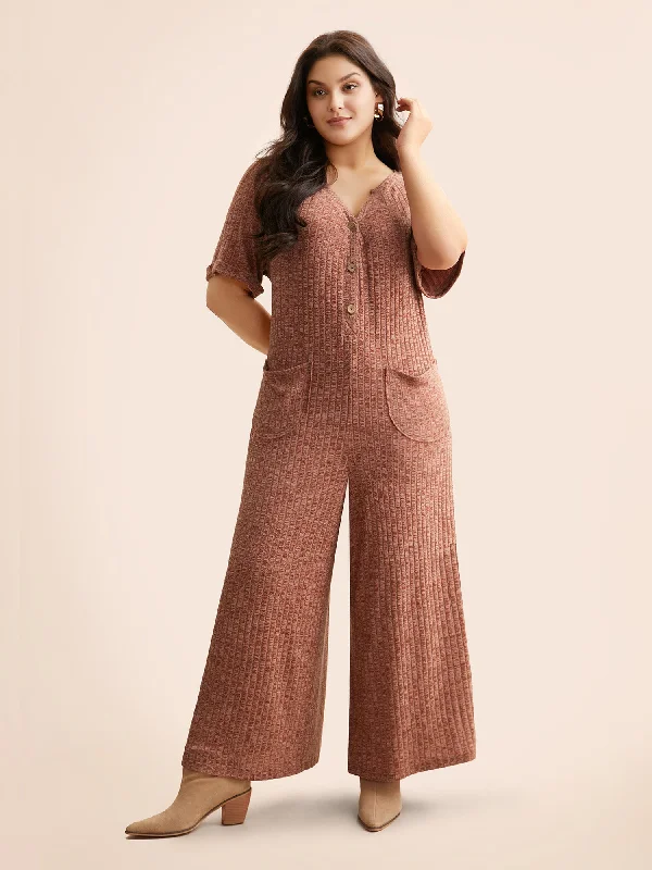 Texture Button Up Patch Pocket Jumpsuit