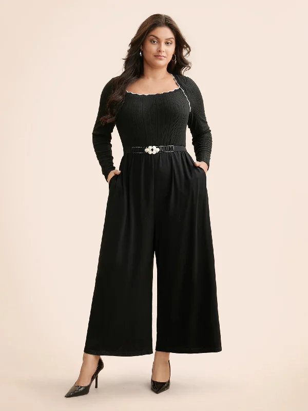 Texture Contrast Trim Scalloped Trim Jumpsuit