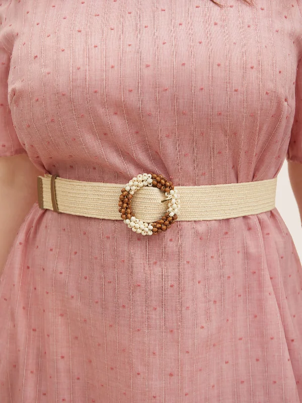 Wooden Bead Alloy Buckle Elastic Belt