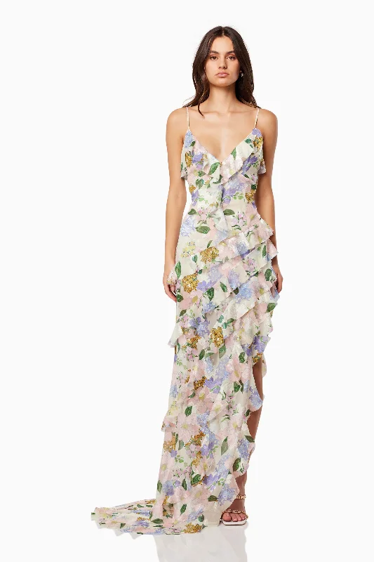 Cosima Asymmetrical Gown In Florals