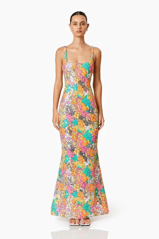 Tiki Floral Sequin Fitted Maxi Dress In Florals