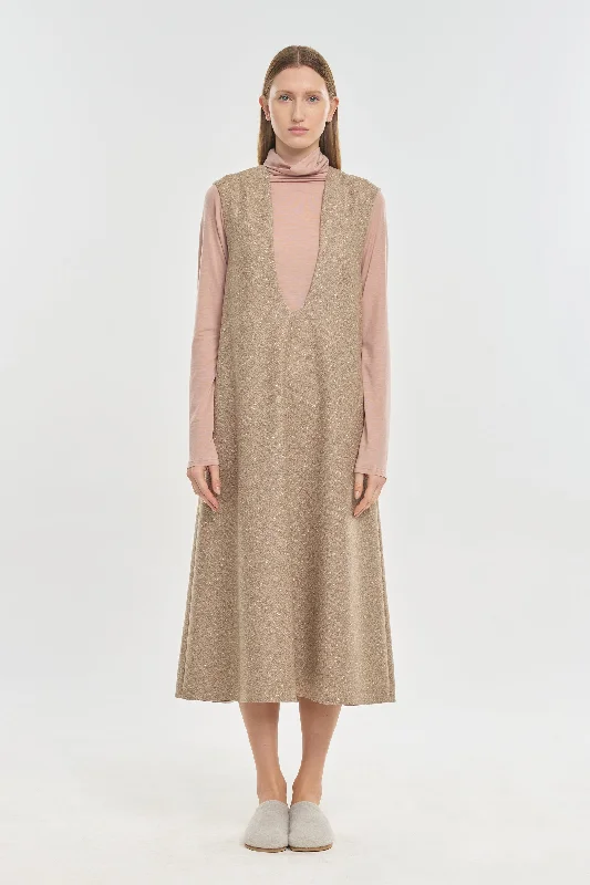 Beige speckle tweed wool blend long dress