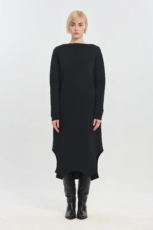 Black doubleface cotton long sleeve dress