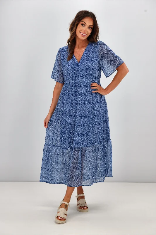 Gloss by Shine On Avonley Tiered Chiffon Dress Blue Diamond Print