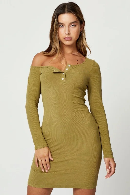 Green Asymmetric Off Shoulder Press Stud Ribbed Mini Dre