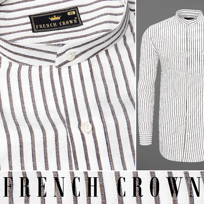 Bright White and Taupe Brown Striped Premium Tencel Shirt