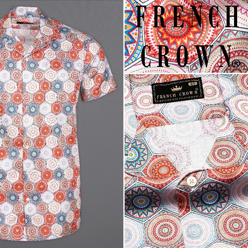 Bright White with Portland Orange Hexagonal Printed Super Soft Premium Cotton Half Sleeves Shirt