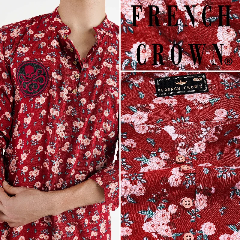 Merlot Red Floral Printed with Funky Patchwork Premium Tencel Designer Kurta Shirt